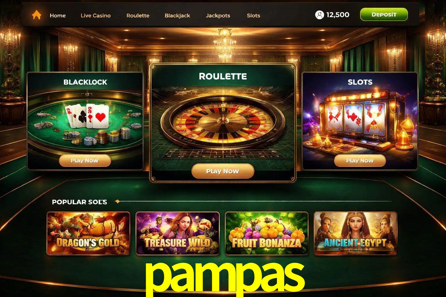 Vista de la plataforma pampas Casino mostrando categorías organizadas de juegos en línea