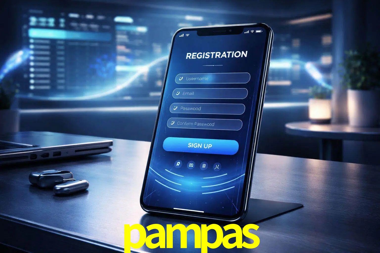 Una interfaz moderna de registro móvil para pampas mostrada en un smartphone con un panel de apuestas elegante.